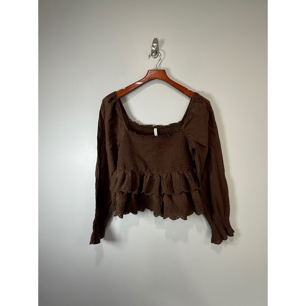 American Eagle Brown Smocked Eyelet Peplum Long Sleeve Crop Top Blouse Large